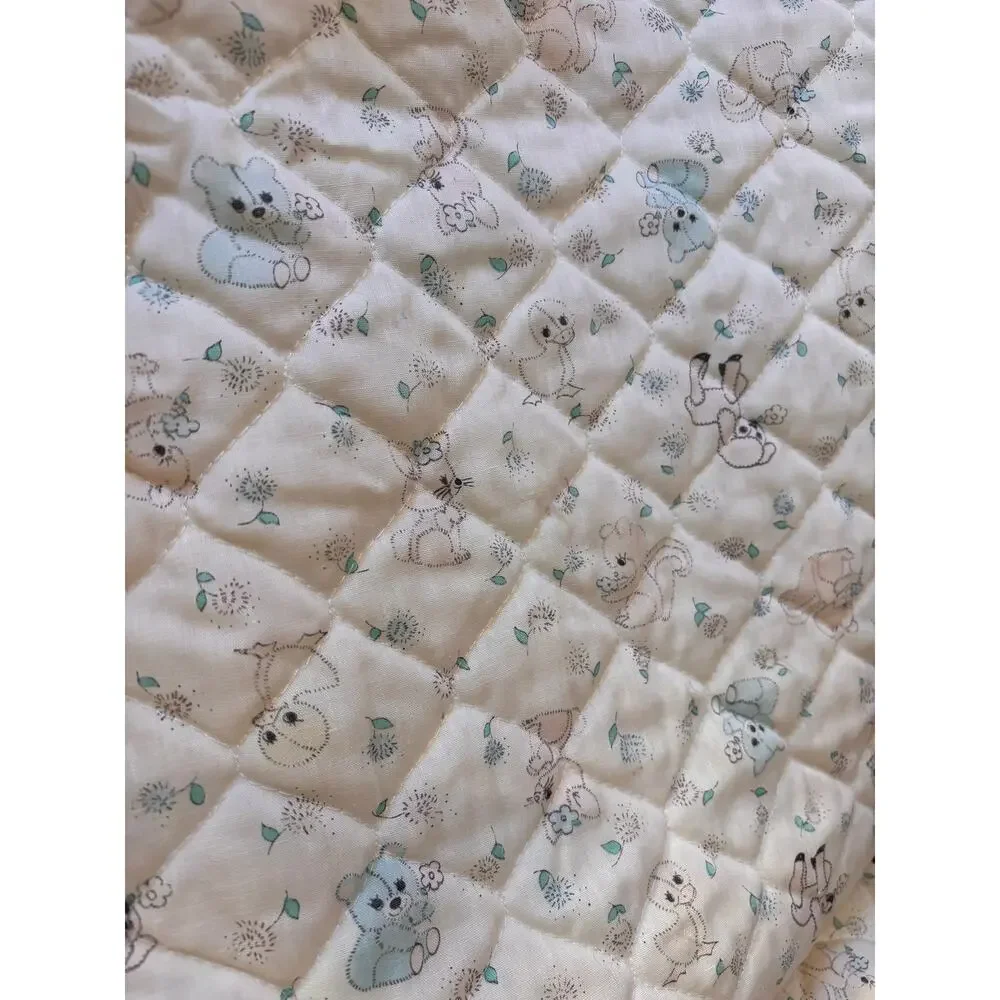 Vintage Handmade Quilted Baby Blanket Pastel Yellow Teddy Bear Poodle Flowers